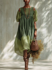 IRIS | GREEN OFF-SHOULDER CHIFFON MIDI DRESS