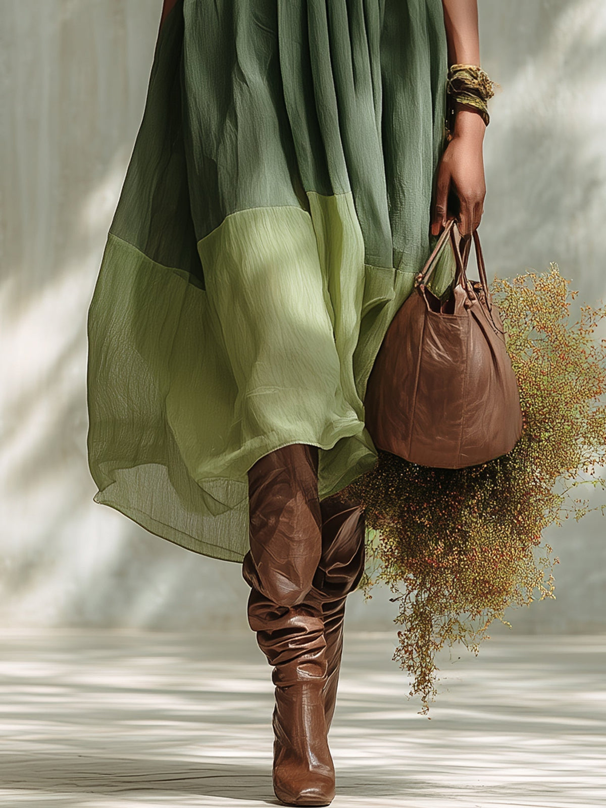 IRIS | GREEN OFF-SHOULDER CHIFFON MIDI DRESS