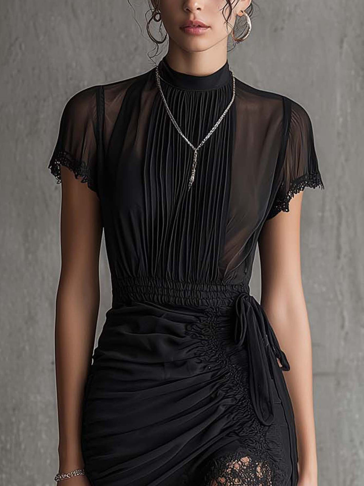 ZODWA | BLACK PLEATED WAIST CHIFFON MINI DRESS