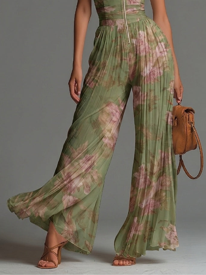 RAVEN | GREEN FLORAL CHIFFON ZIP JUMPSUIT