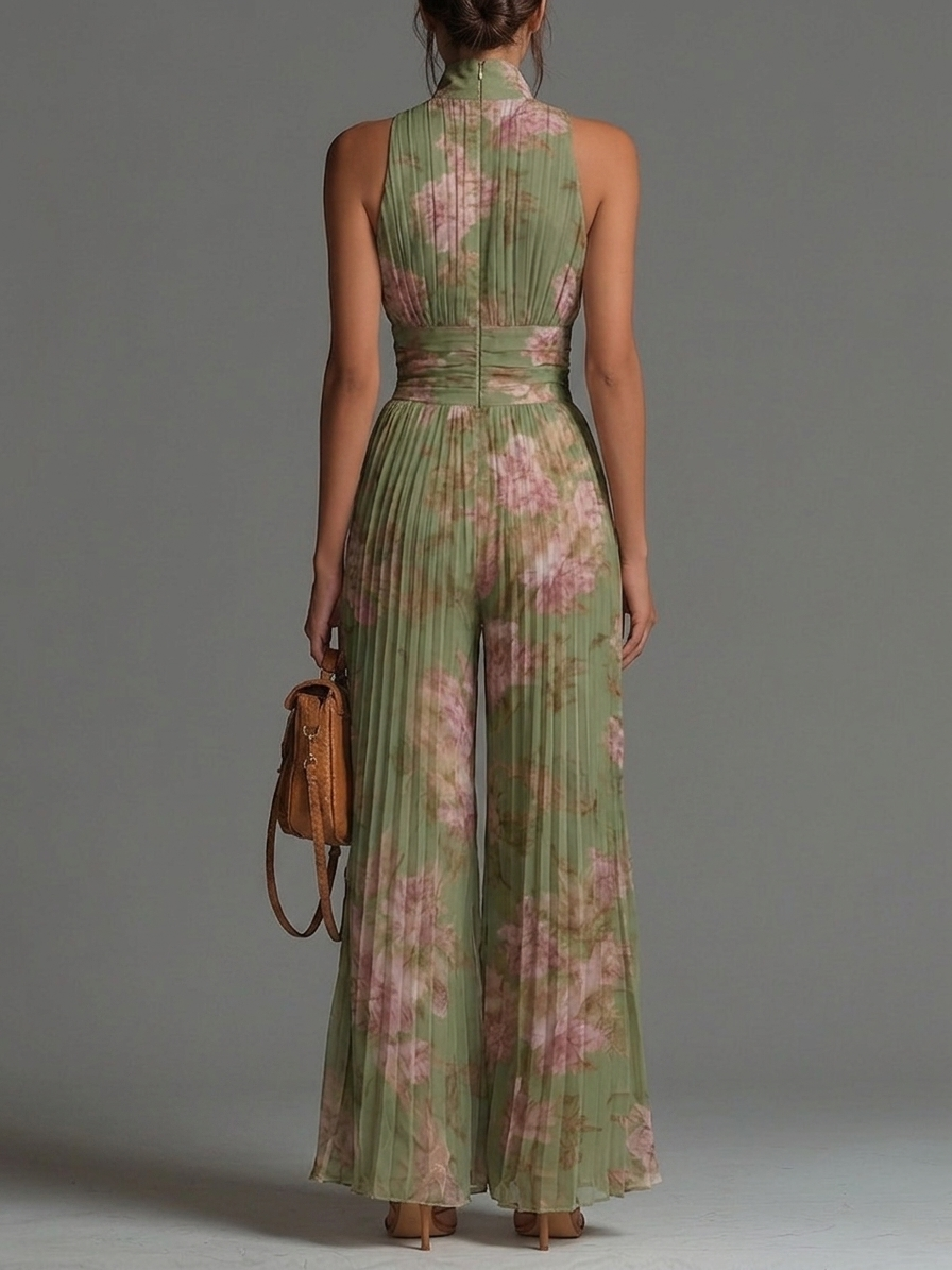 RAVEN | GREEN FLORAL CHIFFON ZIP JUMPSUIT