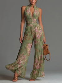 RAVEN | GREEN FLORAL CHIFFON ZIP JUMPSUIT