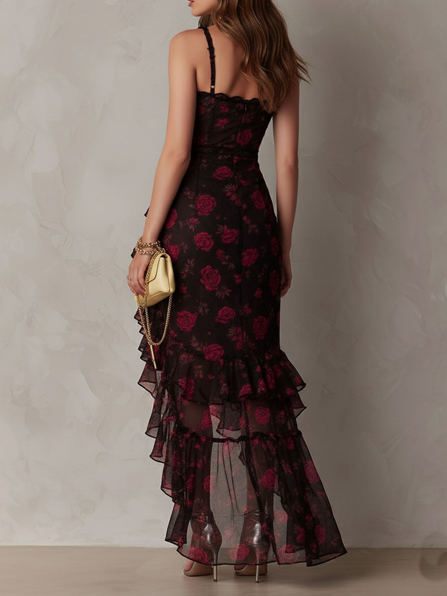 WILLOW | BLACK & RED FLORAL RUFFLE DRESS