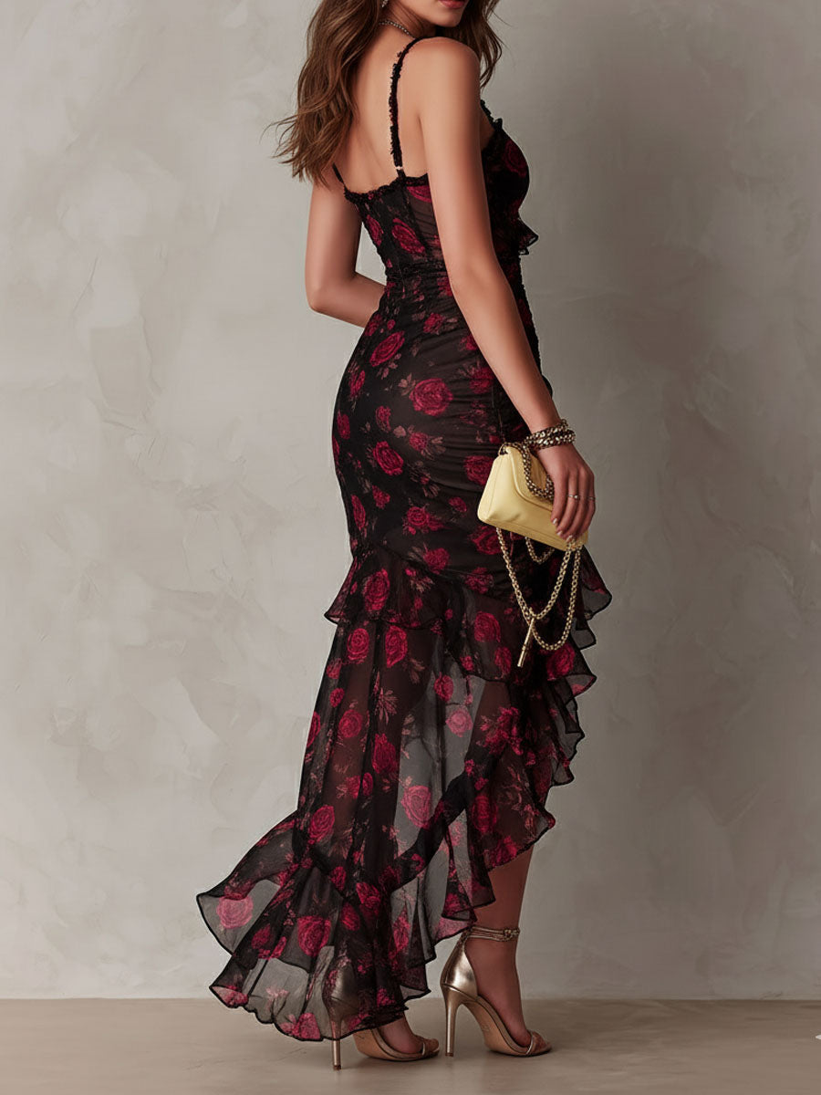 WILLOW | BLACK & RED FLORAL RUFFLE DRESS