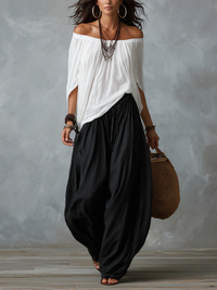 BELLE | WHITE OFF-SHOULDER TOP & TROUSERS SET