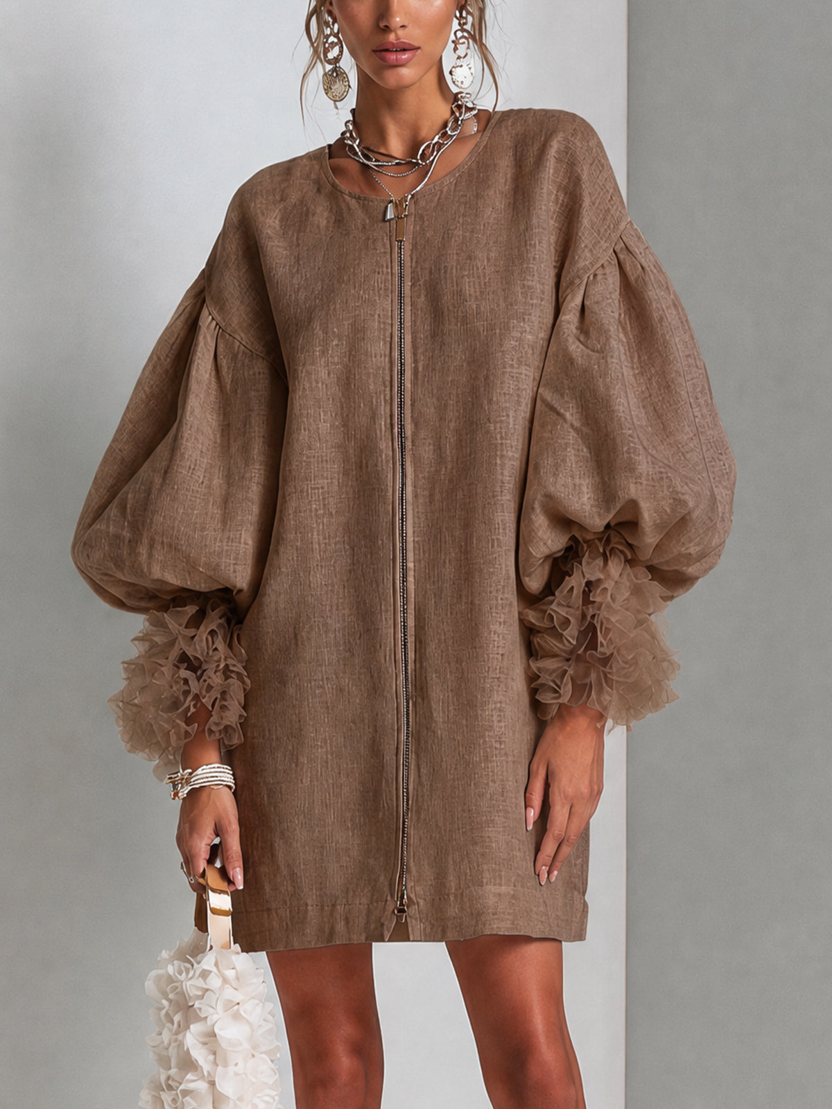 CLÁUDIA | FRONT ZIP BALLOON SLEEVE MINI DRESS