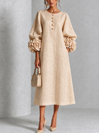 ALINE | FLORAL BUTTON PUFF SLEEVE MIDI DRESS