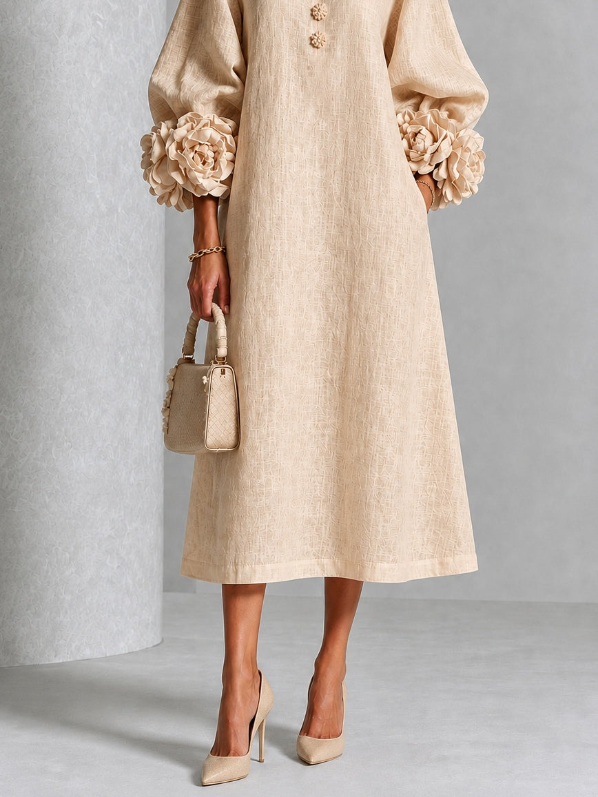 ALINE | FLORAL BUTTON PUFF SLEEVE MIDI DRESS