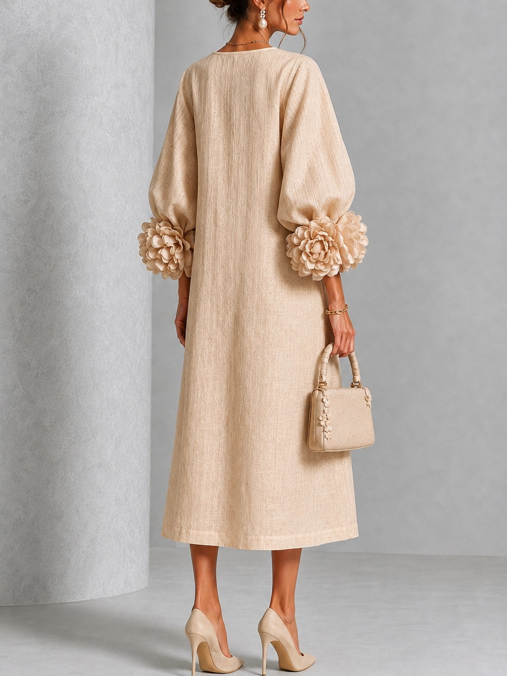 ALINE | FLORAL BUTTON PUFF SLEEVE MIDI DRESS