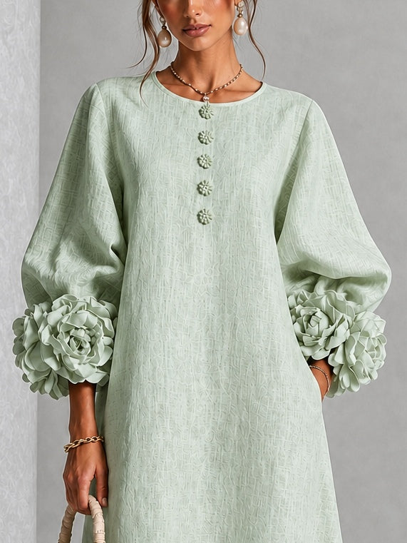 ALANA | ROUND NECK FLORAL CUFF MIDI DRESS