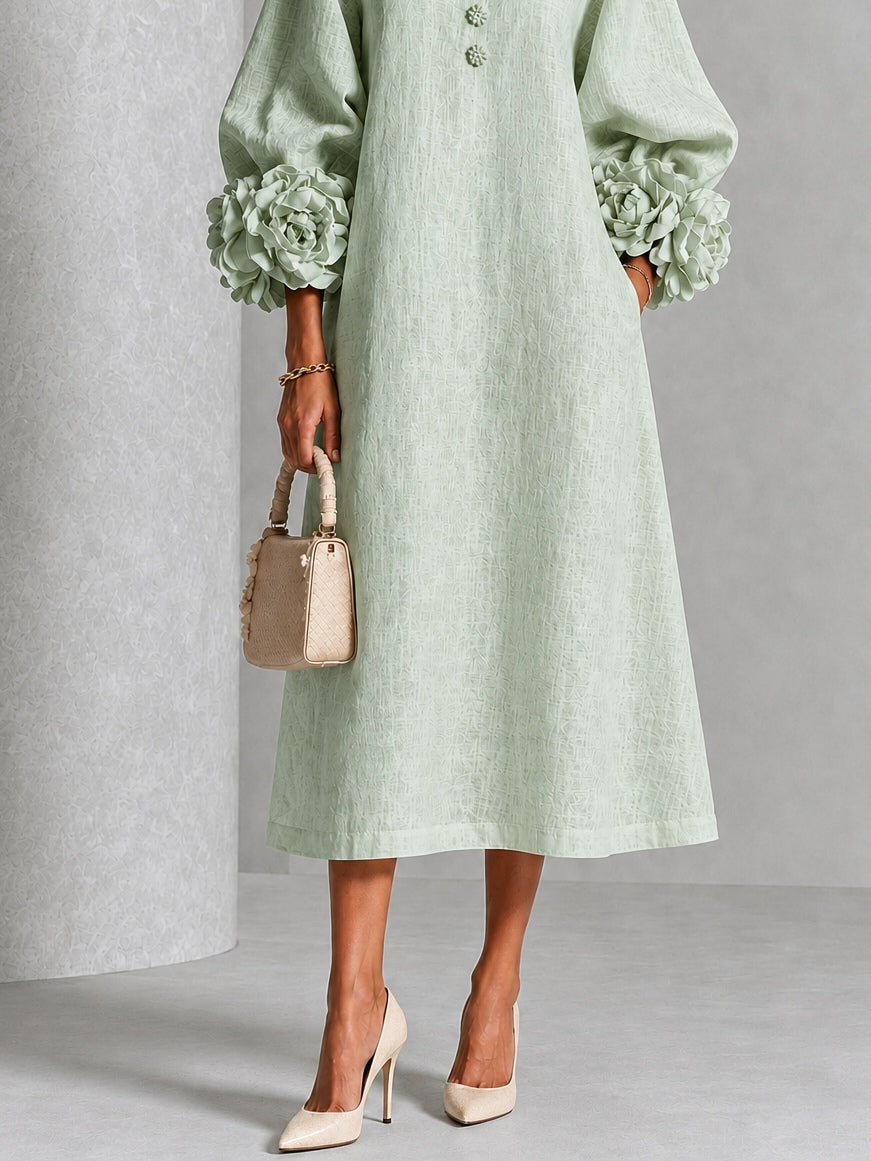 ALANA | ROUND NECK FLORAL CUFF MIDI DRESS
