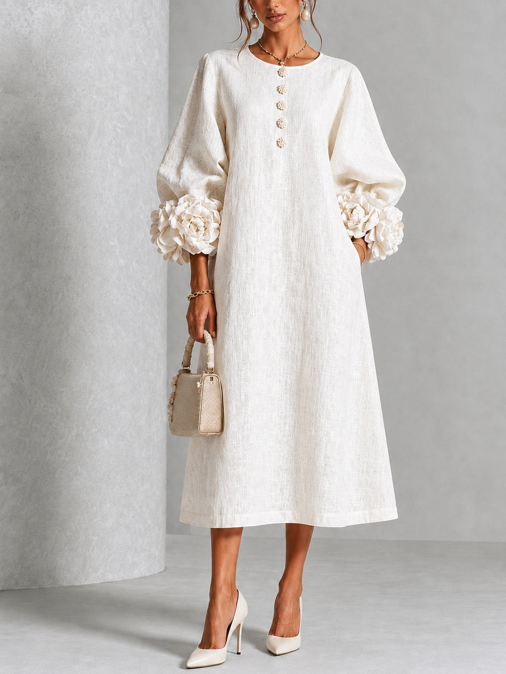 BEATRIZ | TEXTURED FLOWER CUFF MIDI DRESS