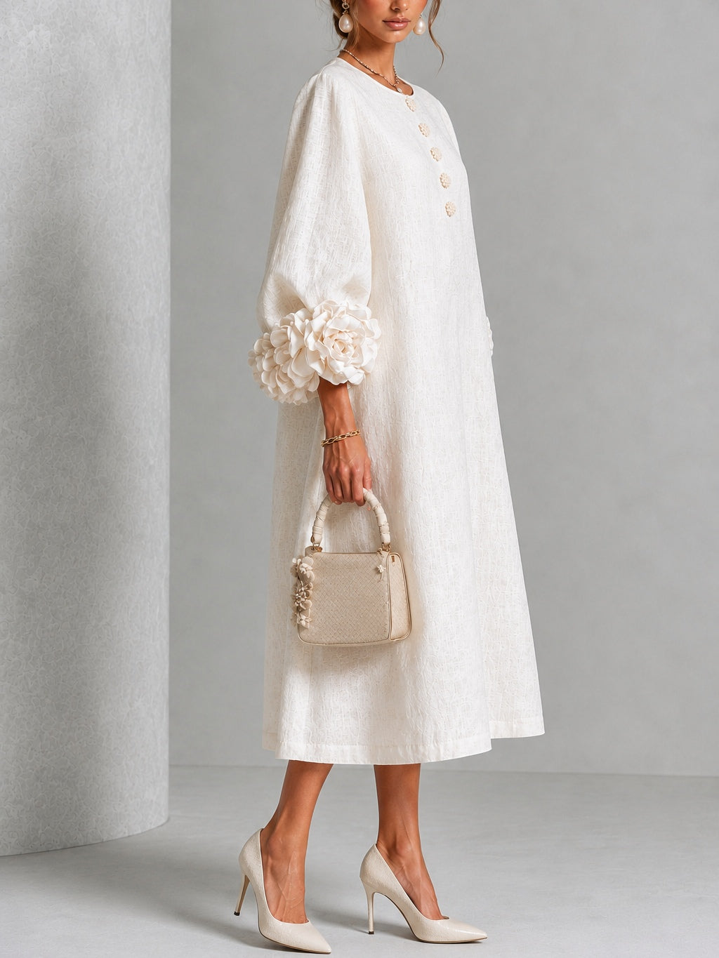 BEATRIZ | TEXTURED FLOWER CUFF MIDI DRESS