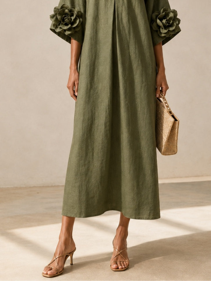 ALESSANDRA | V-NECK FLOWER SLEEVE MIDI DRESS