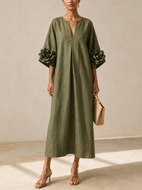 ALESSANDRA | V-NECK FLOWER SLEEVE MIDI DRESS