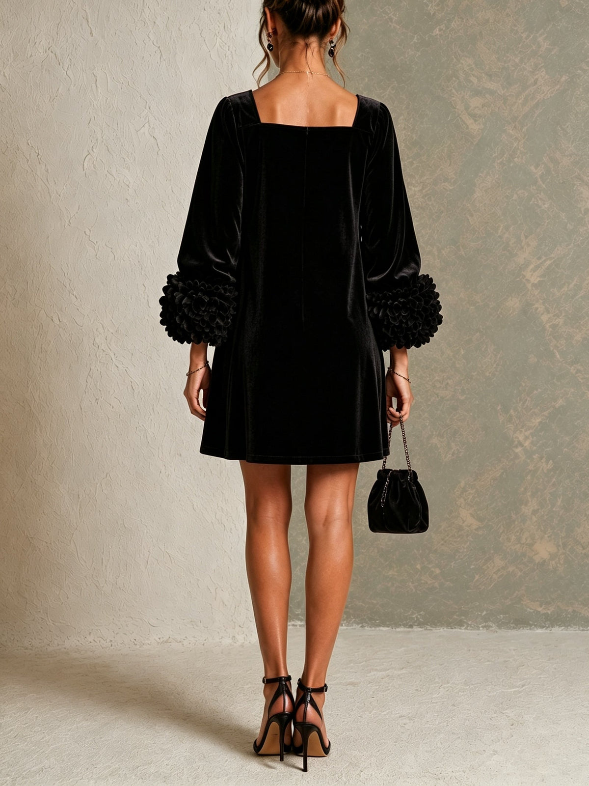CELINA | SQUARE NECK RUFFLED CUFF MINI DRESS