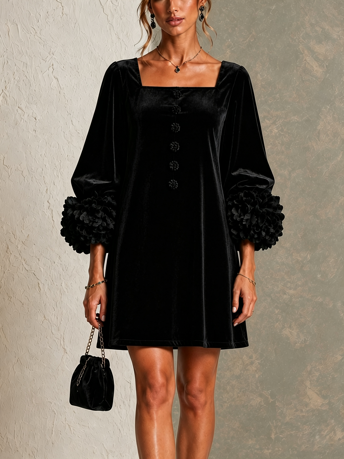 CELINA | SQUARE NECK RUFFLED CUFF MINI DRESS