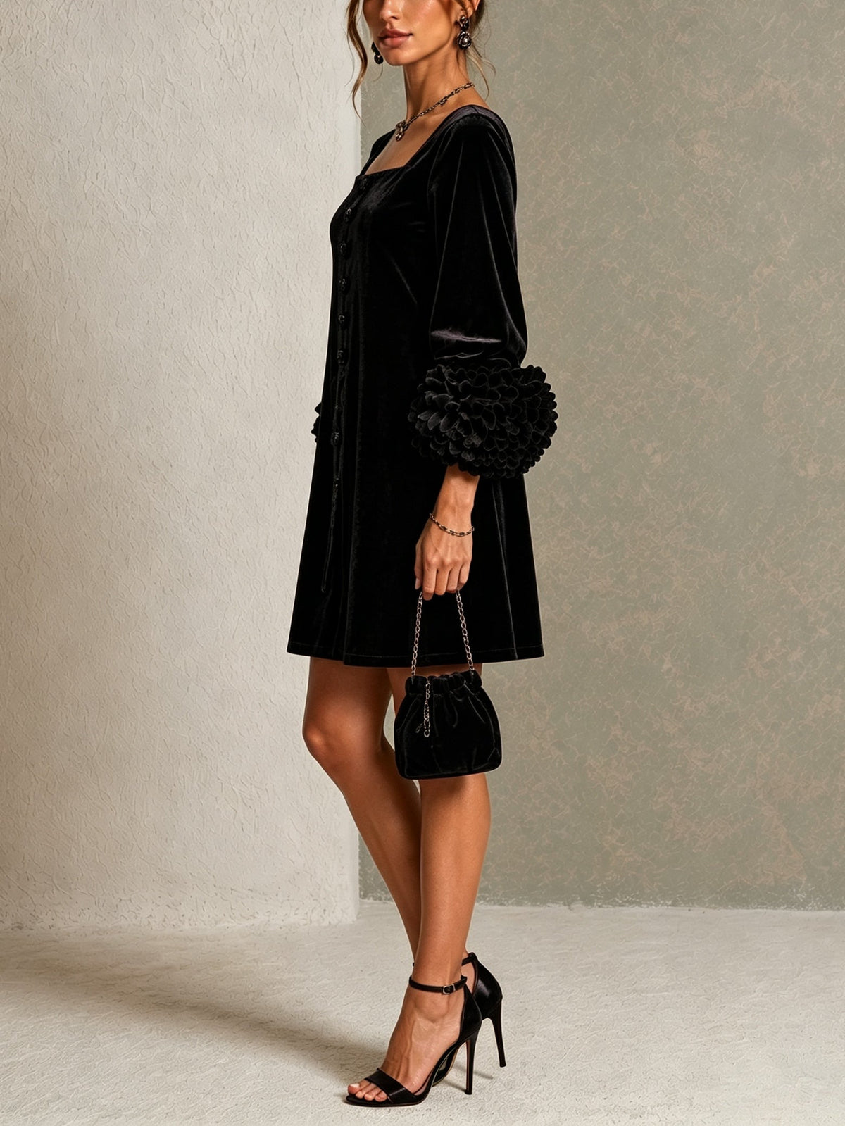 CELINA | SQUARE NECK RUFFLED CUFF MINI DRESS