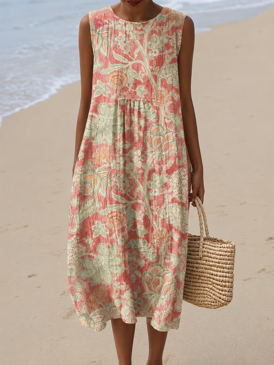 AVELINE | CORAL BOTANICAL MIDI DRESS