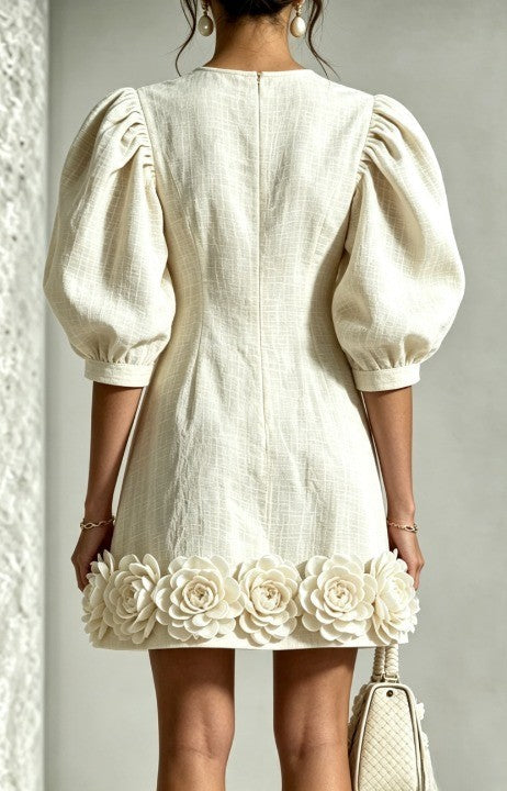 CATARINA | FLOWER HEM PUFF SLEEVE MINI DRESS